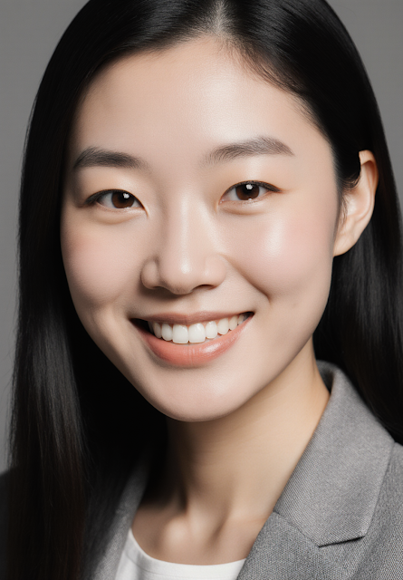 Professional headshot portrait of an elegant Korean businesswoman in her late twenties, natural confident smile, soft natural lighting, minimalist gray background, sharp focus on eyes, subtle makeup, business casual attire, shot with 85mm lens