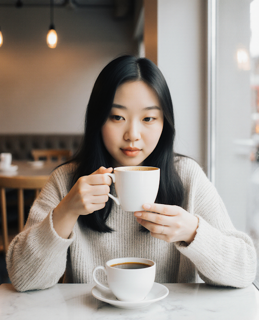 Aesthetic lifestyle photo of a beautiful young Asian woman enjoying morning coffee at a minimalist cafe, warm natural lighting, soft pastel tones, candid moment, Instagram-worthy composition, cozy atmosphere