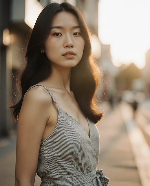 Fashion photography of a graceful Japanese model wearing casual summer dress, natural pose in urban setting, golden hour lighting, editorial style composition, modern street fashion aesthetic, authentic expression