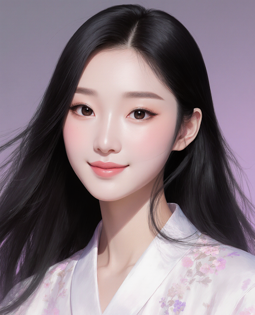 Portrait reference of a beautiful Chinese woman character with long flowing black hair, expressive dark eyes, gentle smile, soft artistic lighting, clean background, character design reference, natural beauty