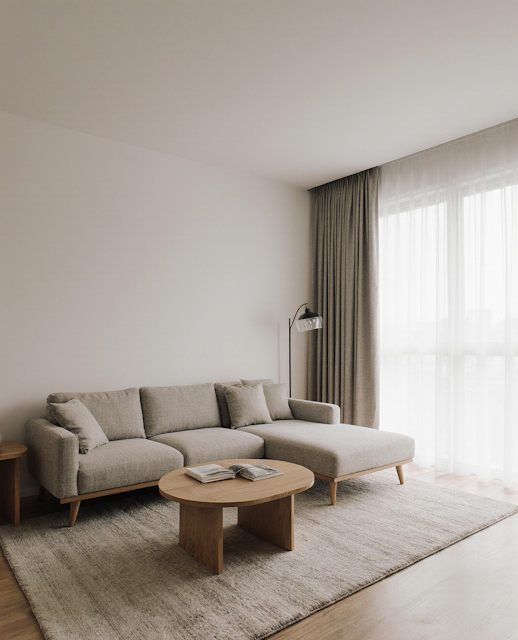 Modern interior design of a living room with minimalist Korean aesthetic, natural wood furniture, soft neutral colors, large windows with natural light, clean and spacious layout, contemporary home decoration