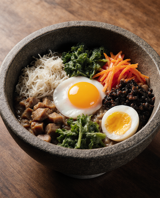 Professional food photography of traditional Korean bibimbap in a stone bowl, colorful arranged vegetables, perfect presentation, natural restaurant lighting, appetizing composition, culinary art styling