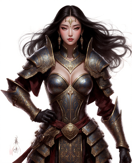 Fantasy character concept art of a warrior princess with Asian features, flowing dark hair, ornate armor with traditional motifs, strong and elegant pose, fantasy art style, detailed character design