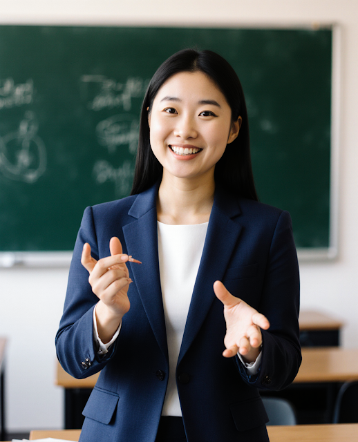 Professional educator portrait of a friendly Korean teacher explaining concepts, warm smile, clean modern classroom background, approachable and trustworthy expression, educational content thumbnail style