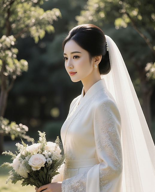 Elegant Korean wedding photography, bride in traditional-modern fusion hanbok, romantic garden setting, soft natural lighting, timeless and graceful composition, wedding magazine style