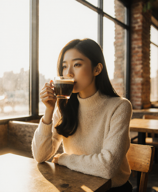Cozy cafe scene with a beautiful Asian woman enjoying latte, warm ambient lighting, wooden interior, peaceful afternoon atmosphere, lifestyle photography for coffee shop marketing