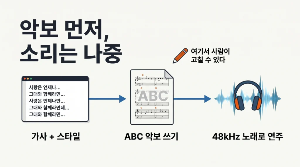 YuE2가 가사를 ABC 악보로 바꾼 뒤 오디오로 연주하는 3단계 구조